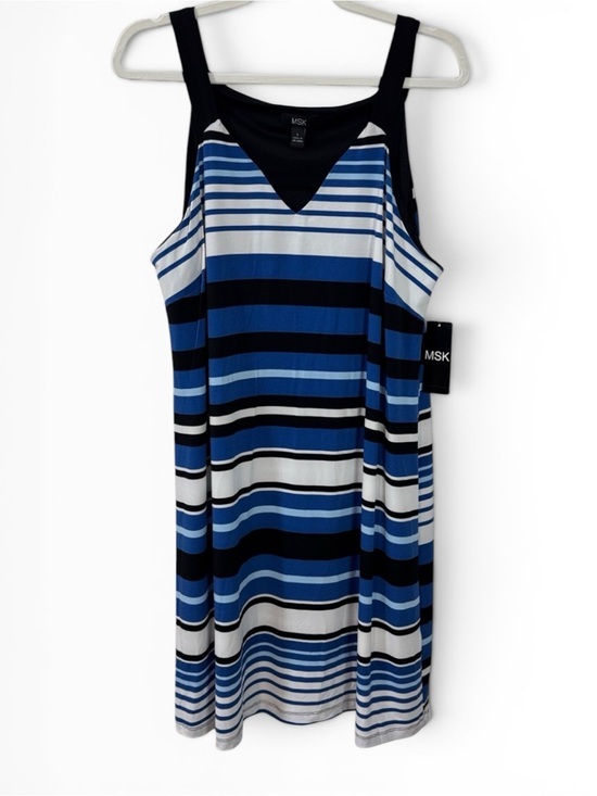 MSK Dresses & Skirts - MSK Striped Blue, White and Black Shift Dress in Size Large
